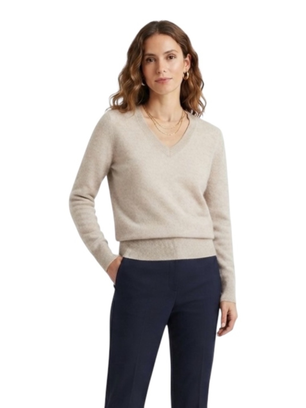 MOTF 100% Wool V-Neck Sweater Sz M Tan Beige Minimalist Clean Girl Preppy Soft